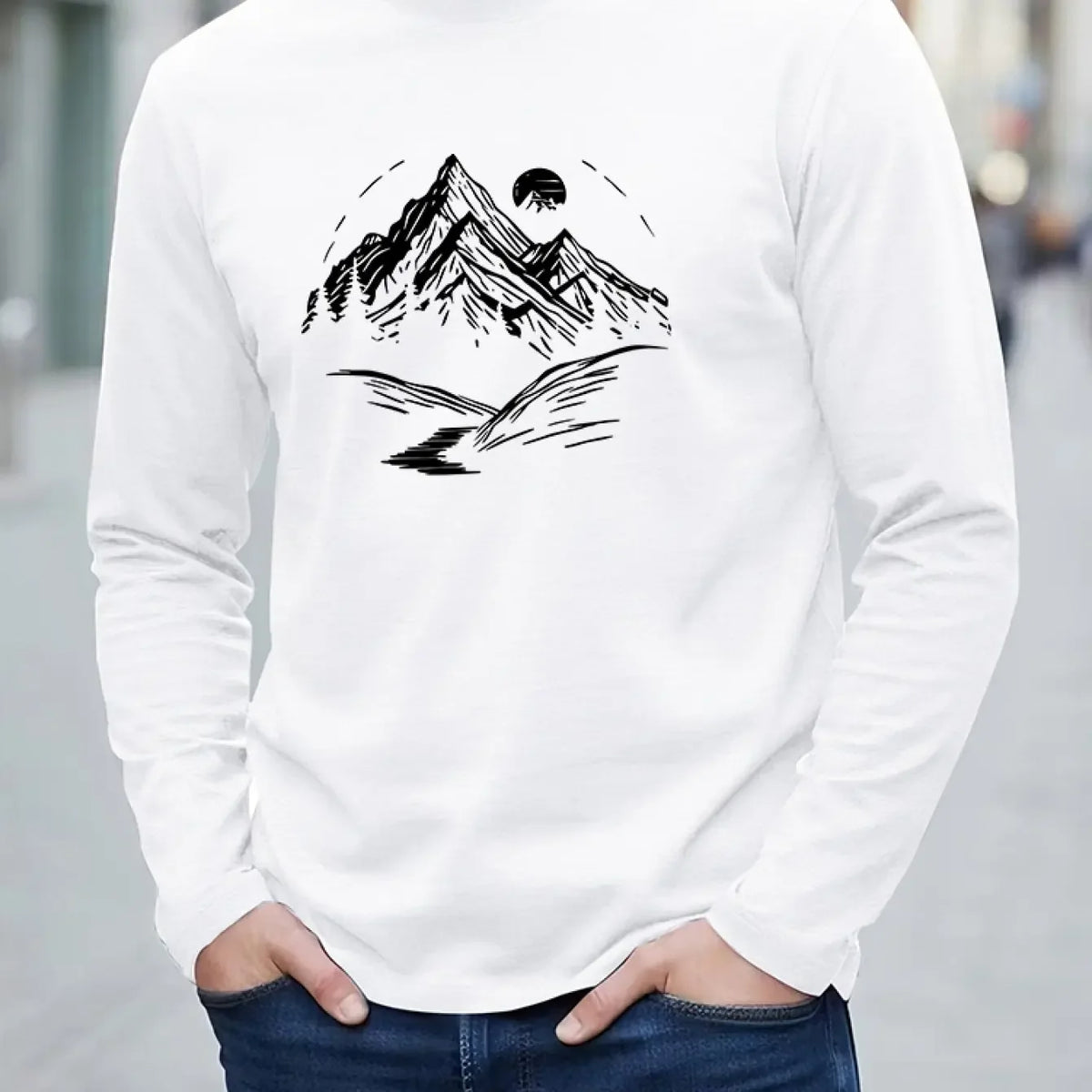 New 100% cotton men's and women's autumn long sleeved T-shirt, versatile, mountain printed, comfortable… - product view 2
