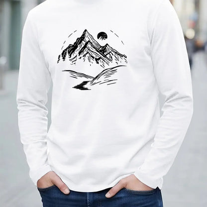 New 100% cotton men's and women's autumn long sleeved T-shirt, versatile, mountain printed, comfortable… - product view 2