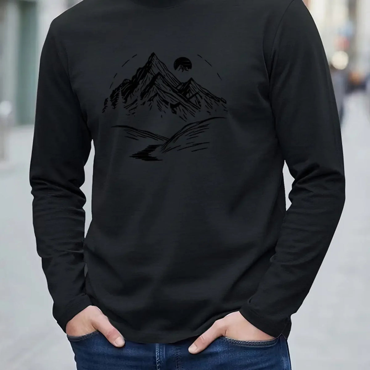 New 100% cotton men's and women's autumn long sleeved T-shirt, versatile, mountain printed, comfortable… - product view 3