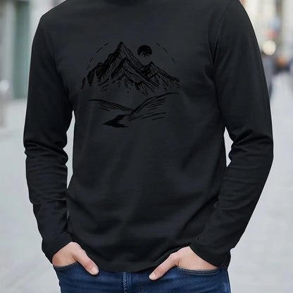 New 100% cotton men's and women's autumn long sleeved T-shirt, versatile, mountain printed, comfortable… - product view 3