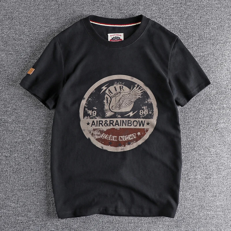 Summer New American Retro Short-sleeved O-neck Skull Printed T-shirt Men's Fashion Simple 100% Cotton Wa…