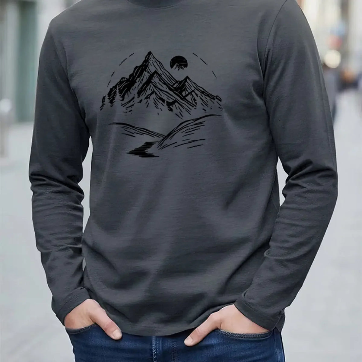 New 100% cotton men's and women's autumn long sleeved T-shirt, versatile, mountain printed, comfortable…
