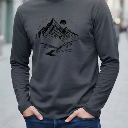 New 100% cotton men's and women's autumn long sleeved T-shirt, versatile, mountain printed, comfortable…